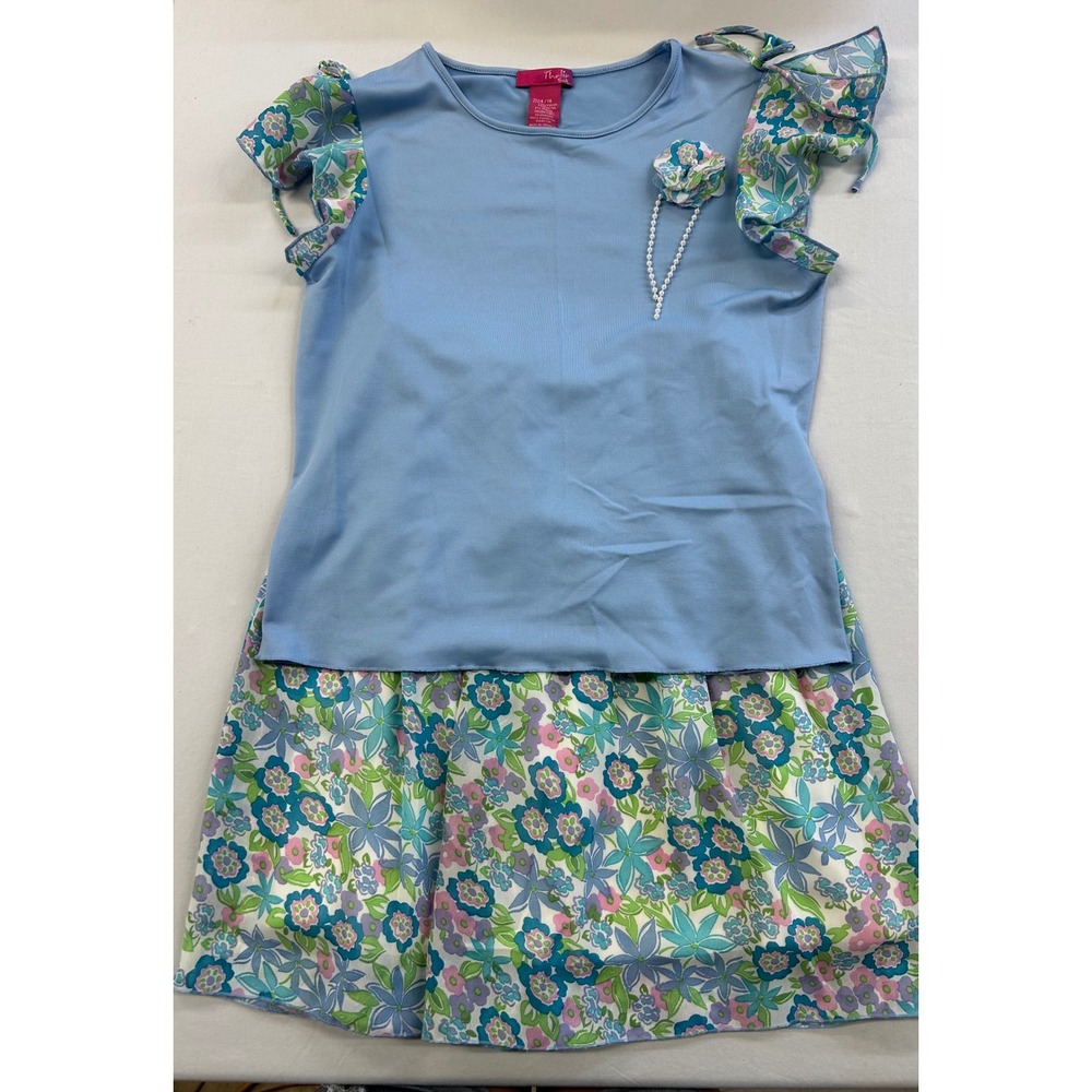 Y2K Thalia Sodi Girls Blue Floral 2-Piece Skirt Set Top 14/16 Skirt 10/12
